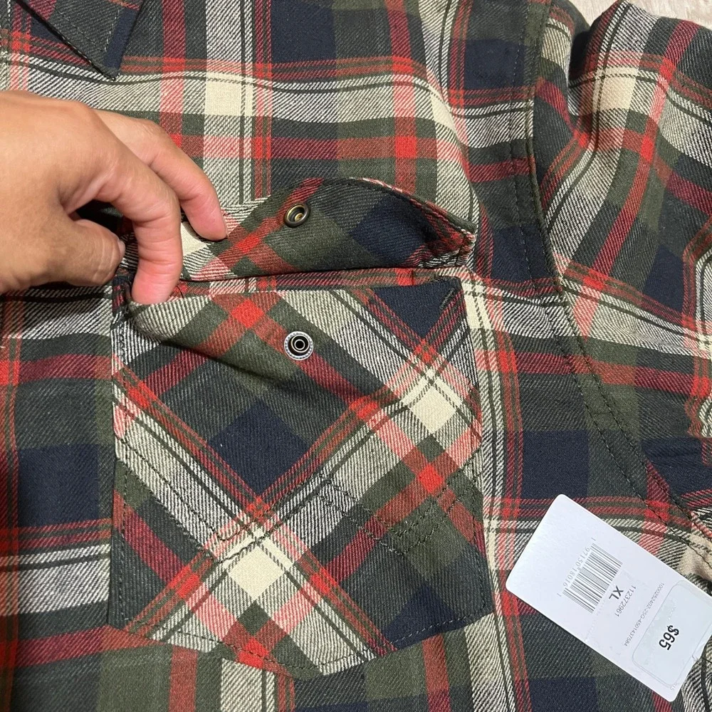 Wrangler Mens XL Sherpa Lined Plaid Shirt Jacket Green Red Snap Front